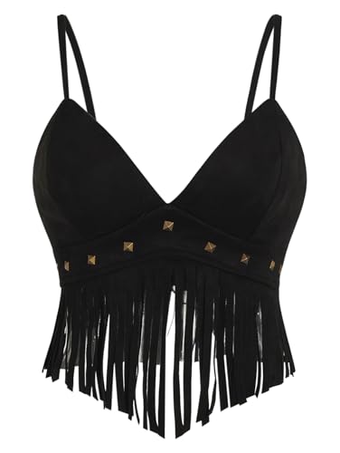 OYOANGLE Women's Y2K Fringe Sleeveless Spaghetti Strap Faux Suede Vintage Hippie Crop Top Blouse