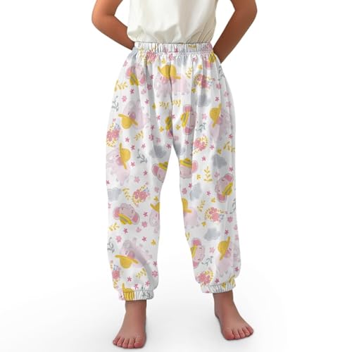 ORGYPET Girls Baggy Sweatpants Children's Loose Legged Bloomers M Soft Skin Friendly Girls Wide Leg Pants Girls Trousers Breathable Fabric for All Day Wear, Elephant Cloud Flower