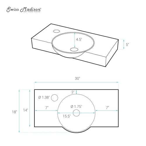 Swiss Madison Chateau 30\" Wall-Mounted Sink Center Basin with Left Side Faucet Mount in Glossy White - Thumbnail 2