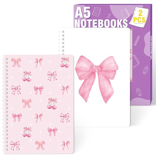 Xqumoi 2 Pack A5 Coquette Pink Bow Spiral Notebooks - Preppy Cute Ruled Journal Writing Notebooks Trendy Girly Gift for Girls Women Christmas Back to School Office Supplies