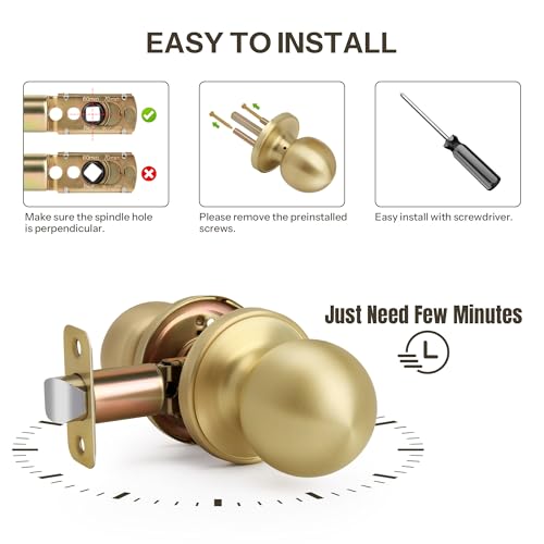 LOQRON Brushed Gold Ball Design Door Knob No Lock, Passage Round Shaped Non-Locking Doorknob for Hallway/Closet, Satin Brass Finish - Image 6