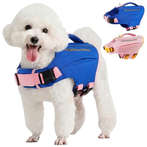 Kuoser 犬用ライフジャケット 救命胴衣 レスキューハンドル付き 調節可能なマジックテープ&バックル 着脱簡単 ファスナーポケット付き 小物収納に便利 反射ストリップ 防水素材 高浮力 小型犬 中型犬 に最適 ペット ライフジャケット 海 川 プール アウトドア ブルーS