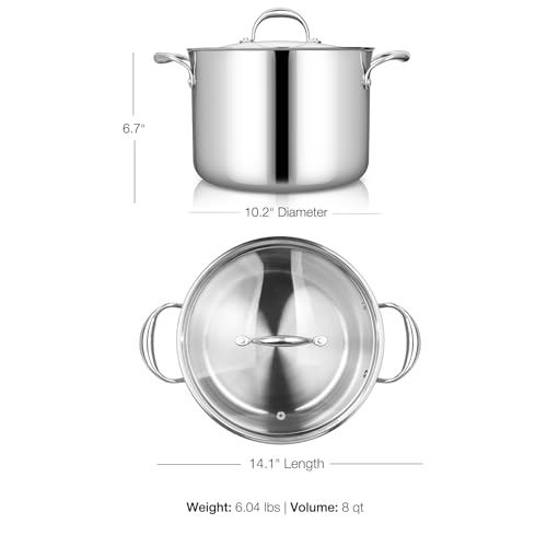 Image of KEAWELL K3 Premium Tri-Ply Fully Clad Stockpot with Lid (8-Qt) | 8-Qt Tri-Ply Fully Clad Stainless Steel Soup Pot; Compatible with All Stovetops; Oven Safe to 600F