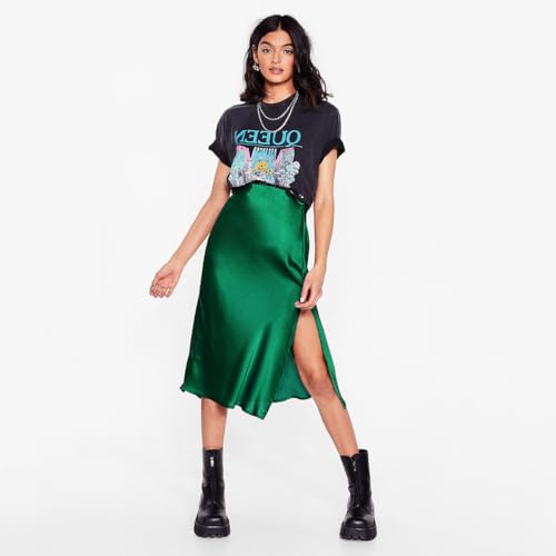 Midi Silk Skirt Women's Spring Summer Satin High Waist Side Split Ruffle A-line Long Skirts4