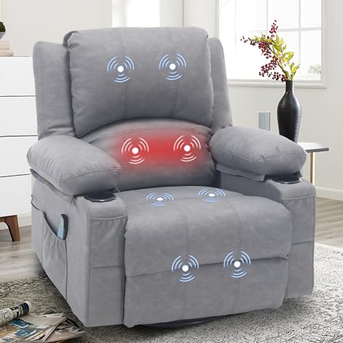 linting Leather Recliner Chair with Heat and Massage Cup Holder, Thickly Padded Overstuffed Rocking Glider Chair, Swivel Rocker Recliner Chair for Nursery, Vintage Grey