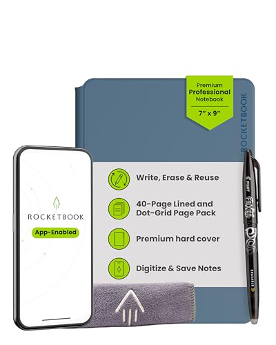 Rocketbook Pro Smart Reusable Notebook, Lined & Dotted Interchangeable Pages, For Work and Business Meetings, Executive 7x9, Blue