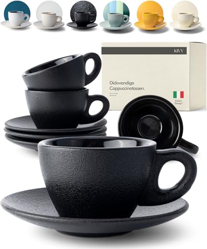 KIVY Cappuccino Tassen Set [4x 240ml] - Barista Cappuccino Tassen - Cappuccino Tassen aus dickwandigem Steingut - Tasse mit Untertasse - Spülmaschinenfest - In Handarbeit gefertigt