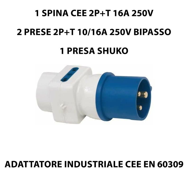Adaptador de enchufe industrial CEE 16 A, toma Schuko + bipaso 10/16 A 250 V
