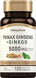 Piping Rock Panax Ginseng Capsules | 5000 mg | 120 Count | with Ginkgo Biloba | Vegetarian, Non-GMO, and Gluten Free Supplement
