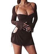 Women's Mesh Dress Long Puff Sleeve Mini Bodycon Split Hem Party Clubwear