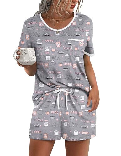 Image of Ekouaer Pajama Set for Women 2 Piece Lounge Set Short Sleeve Tops and Shorts Soft Sleepwear, Chest Pocket