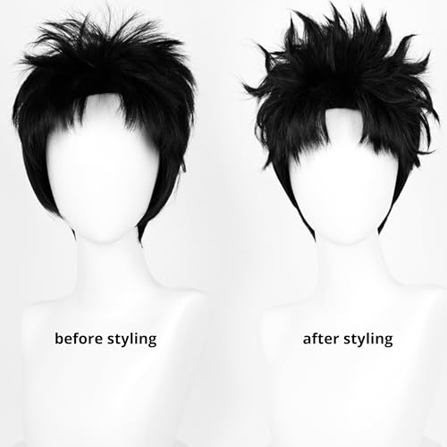 Image of Half and Half O-karun Cosplay Wig for Men Short Black Anime Male Curly Wig with Bangs Layers Black Costume Wigs for Unisex Women Halloween Party