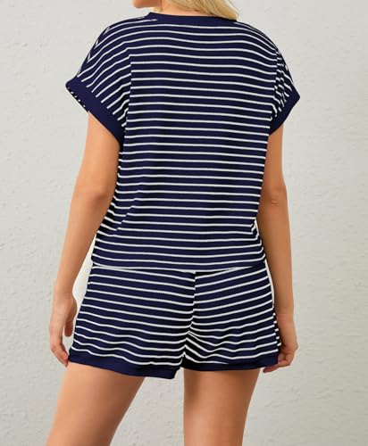 Image of MISSACTIVER 2 Piece Lounge Set Women Stripe Knit Short Sleeve Tee Shirts Shorts Casual Summer Loungewear Shorts Sets