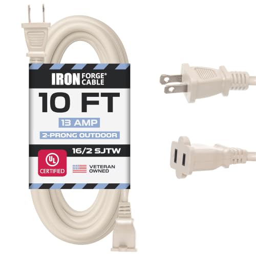 Iron Forge Cable 2 Prong Extension Cord 10 ft - 16 Gauge 13 Amp Heavy Duty Outdoor 2 Prong Power Cord - SJTW - Great for Landscaping Deck Outdoor Lights - Tan