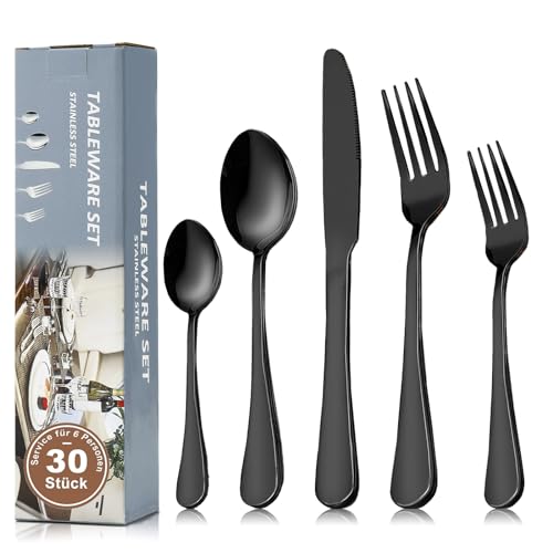 TANTOMI Besteck Set 6 Personen, 30-teiliges Edelstahl Besteckset poliert, Bestecksets mit Messer Gabel Löffel, Spülmaschinenfest, Schwarz Matt