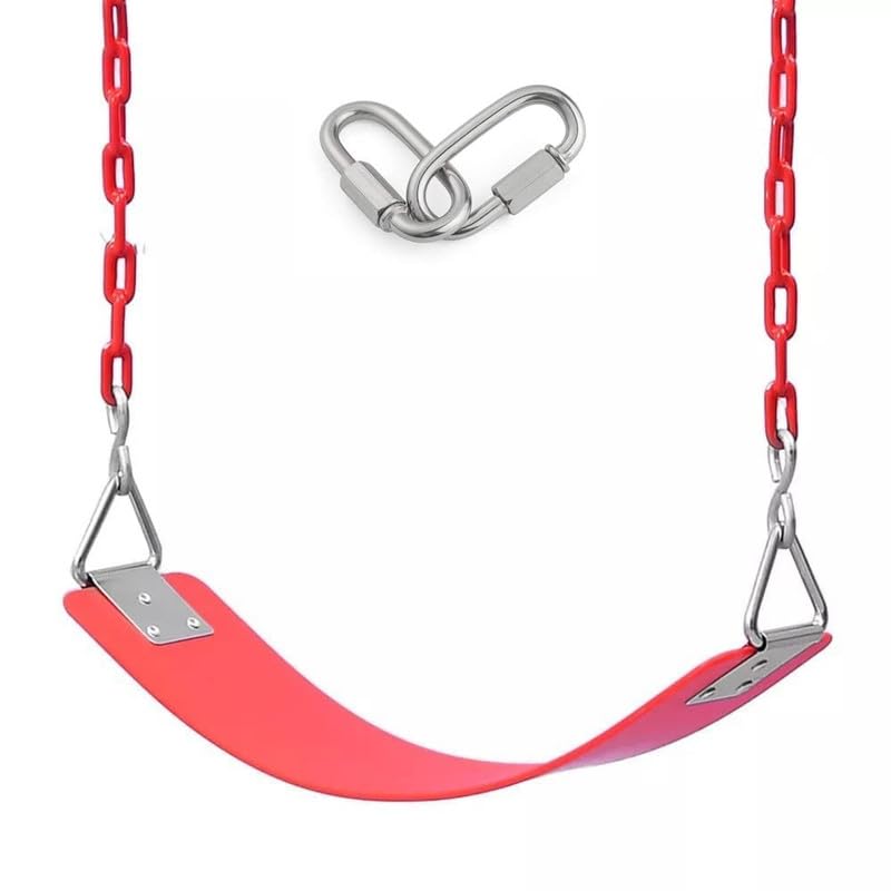 Image of Flexible Swing Seat with Metal Triangle Ring Set for Kids /Adults Outdoor Park Garden Tree Backyard with Plastic Coated Chain (Red, 2 Meter)