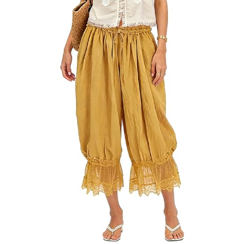 Image of KOSUSANILL Women Long Bloomer Pants Lace Trim Ruffle Pantaloons Cropped Lounge Pajama Bottoms Y2K Capri Pettipants