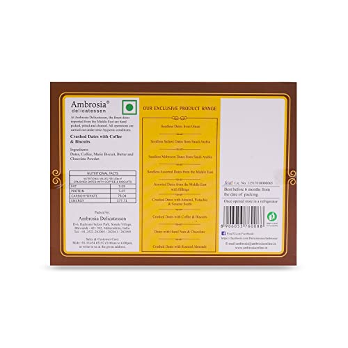 Image of Ambrosia Delicatessen Crushed Dates with Coffee and Biscuits - 250gm | Premium Dates, Khajoor, Khajur | Arabian Dates Gift Pack Box | 100% Natural | Gluten Free | Vegan