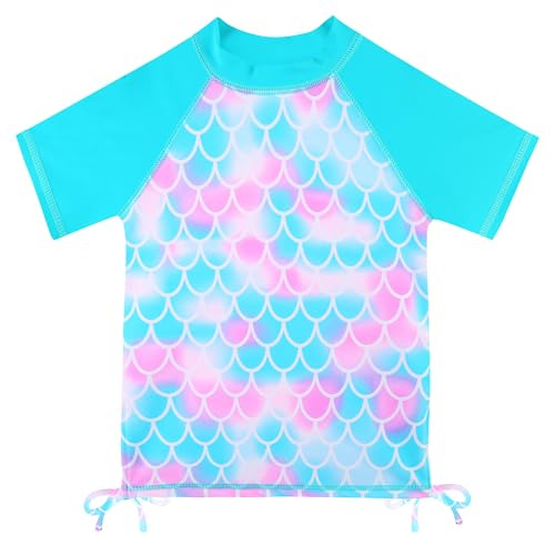 Image of BAOHULU Girls Two Piece Swimsuits Rash Guard Ruffle Bikini Skirt Short Sleeves Beach Dress Swimwear UPF 50+ 3-12Y