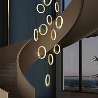 Grand Lustre LED Anneau Doré Moderne 15 Lumières – Dimmable Télécommande, Lumière Escalier Villa Hall Haut Plafond
