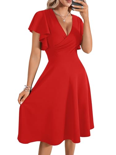 Image of LYANER Women's Warp V Neck Ruffle Short Sleeve A Line Swing Flared Cocktail Party Midi Dress