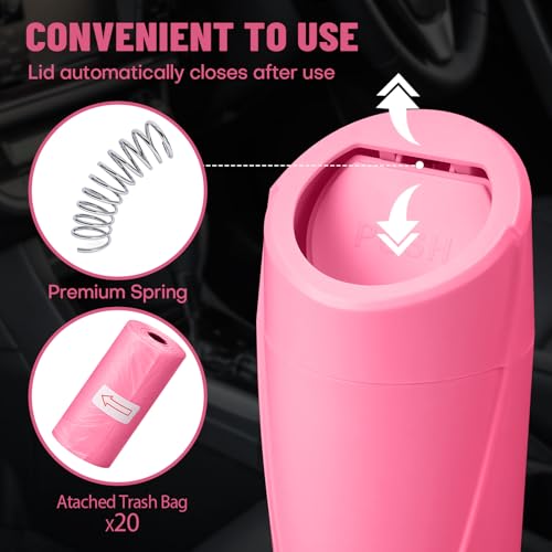 Image of Car Trash Can Bin with Lid - Car Garbage Can Cup Holder - Rose Red Mini Leakproof Vehicle Trash Garbage Can Bin with 20pcs Trash Bags-Car Organizers and Storage for Front Back Seat Accessories