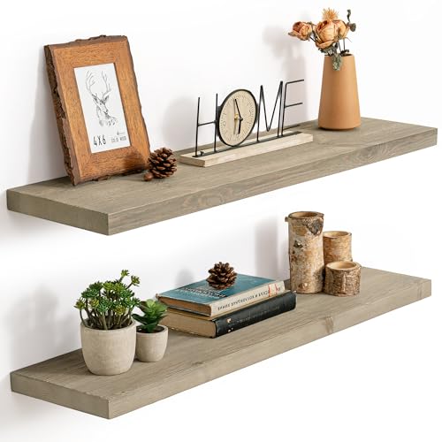 Image of Marsmiles Floating Shelves | 36 Inch Grey Wood Wall Shelves Set of 2 | 9.3 Inch Deep Rustic Reclaimed Wood Shelves for Room Wall | Farmhouse Floating Shelves for Living Room Bathroom