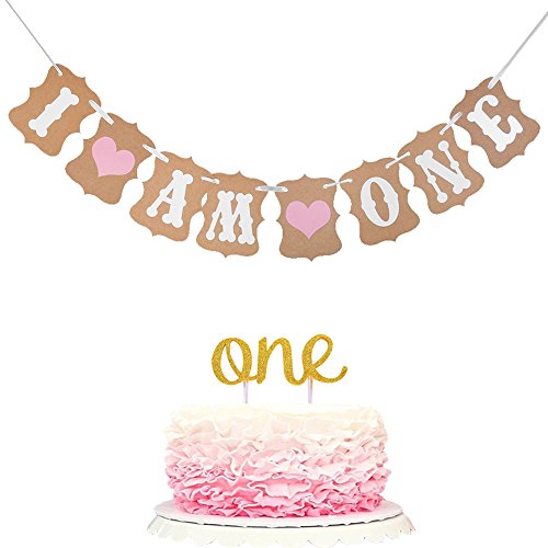 Winrase 1st Birthday Party Decoration “I Am One” Banner and Double Sided Gold Glitter One Cake Topper for Baby Girl