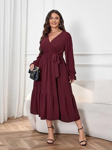 SCOMCHIC Womens Plus Size Wedding Guest Dresses Long Sleeve Faux Wrap V Neck Belted A-Line Flowy Maxi Cocktail Dress2