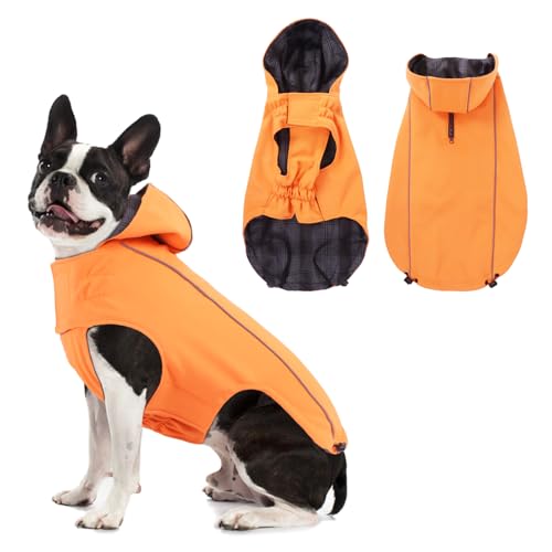 Vejaoo Impermeável para cães, tiras refletoras longas impermeáveis para cães, casaco ajustável para cães com capuz para chuva, adequado para cães pequenos e médios XZ015 (laranja, XL)