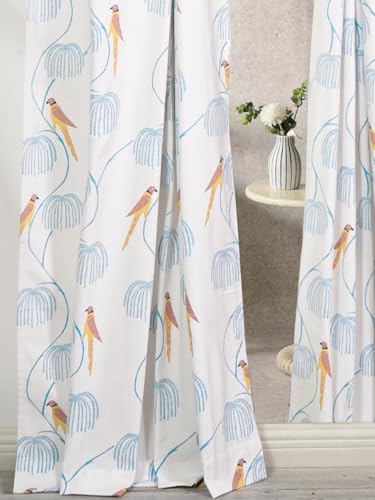 Image of Tranquebar Curtain Co. Window Curtains 5 Feet, 60-65% Room Darkening,Yellow-Blue Bird Print, Cotton Curtains for Window,Cotton Curtains 5 Feet Long Set of 2,BackTab Loops,Mithu (152 cm)- Set of 2