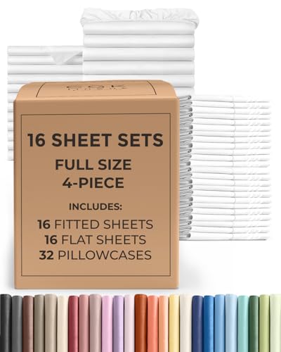 Bulk Case Pack of 16 Sheet Sets - (16) Complete Sheet Sets - Bulk Full Bedding - Wholesale Case Pack for Hotels, Spa & Airbnbs - Deep Pocket, Fade & Wrinkle Free - Cooling & Breathable - Full, White