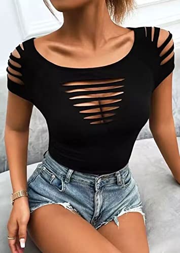 Cut Out Hollow Out T Shirt Womens Cold Shoulder Lacerated Sleeve Shirt Summer Solid Round Neck Slim Shirt Tops2