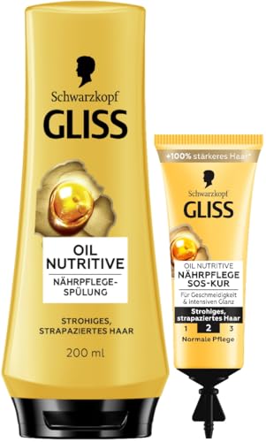 Gliss Spülung Oil Nutritive (200 ml), Haarspülung nährt strohiges, strapaziertes Haar intensiv & SOS-Intensiv-Kur Oil Nutritive (15 ml) Haarkur für intensive Reparatur