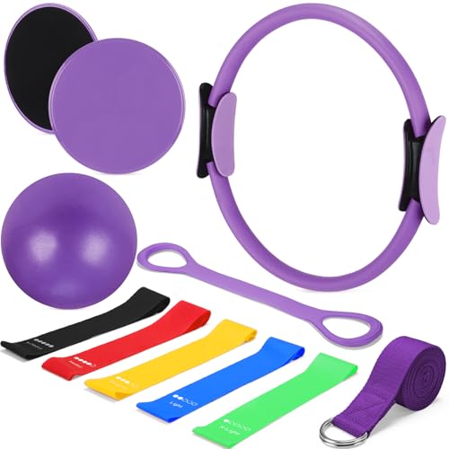 Arrowbash Set of 6 Style Pilates Home Equipment Set Pilates Essential Kit Workout Accessories 14 Magic Circle Mini Exercise Ball Yoga Strap Silicone Tension Strip Tension Band Sliding Plate(Purple)