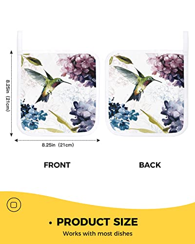 Bird And Hydrangea Flowers Potholders For Kitchen Set Of 4, Heat Proof Pot Holder Watercolor Purple Blue Floral On White Washable Oven Hot Pads Potholder For Cooking Baking #TOP2