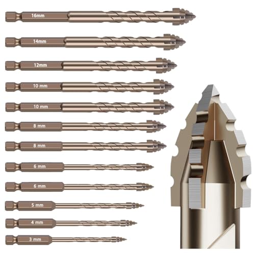 12Pcs Serrated Masonry Drill Bit Set (3-16mm) – Titanium Coated High-Speed Steel, Eccentric Flute Design for Dry Drilling Concrete, Tile, Glass, Brick & Metal – Industrial & Household Use