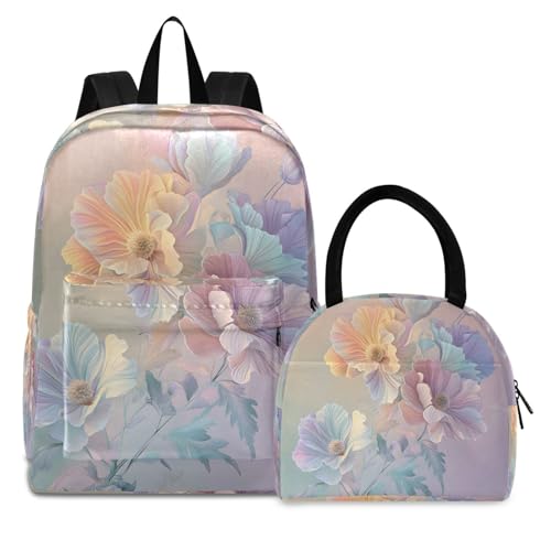 Backpack Lunch Bag Set Flowers Aesthetic Print, Big Storage Travel Backpacks with Insulated Lunch Box for Office Hiking Picnic