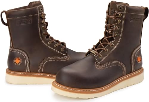 SUREWAY Mens 8 in Wedge Moc Soft/Steel Toe Work Boots for Men,Full-Grain Leather,Goodyear Welt,EH,Safety Industrial Construction Boots/Shoes for Women,Waterproof Soft Toe BROWN,Size 11 6