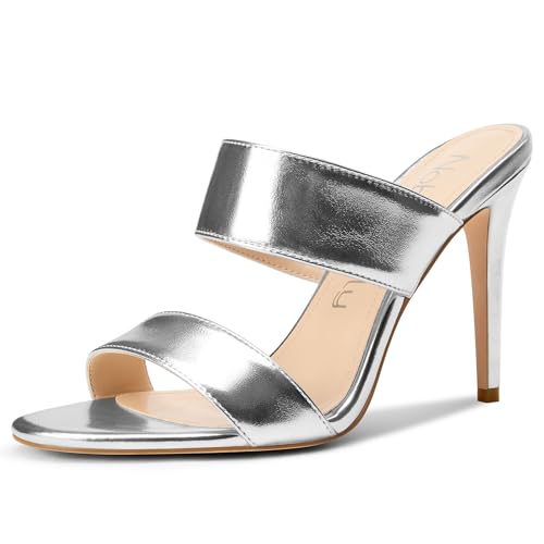 Image of NobleOnly Womens Round Open Toe Heeled Sandals Two Strap Stiletto High Heel Sandals Backless Dress Slip-on Mules Sandals 3.9 Inches Heels