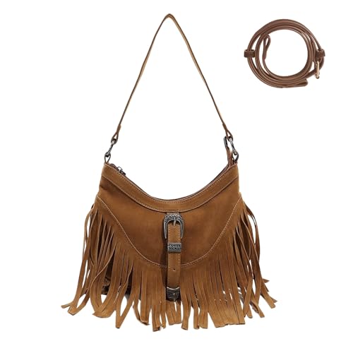 Fringe Hobo Purse for Women,Western Small Fringed Shoulder Bag Vegan Suede Hippie Crossbody Bag with Tassel