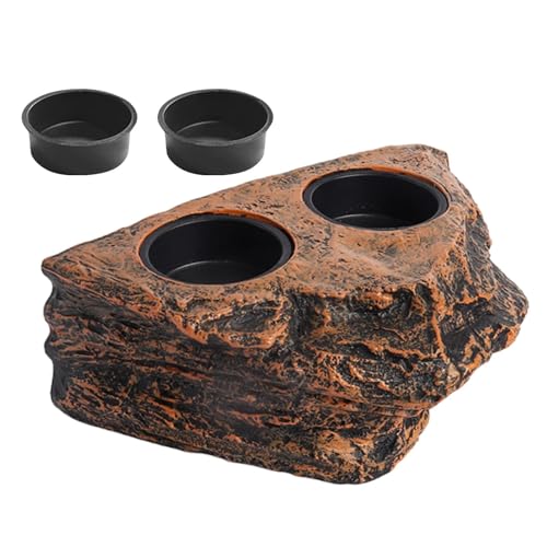 Cuenco de alimentación para reptiles, diseño de leopardo, cuenco de imitación con 2 tazas, soporte para alimentación de animales, decoración de acuario, hábitat de tortuga para gecko