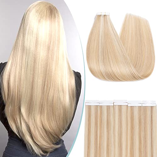 S-noilite Extension Adhesive Naturel 10 PCS - Rajout Cheveux Humain Naturel à Bande Adhésive 10pcs - #18/613 Blond cendré/Blond très clair - 45 cm (25 g)