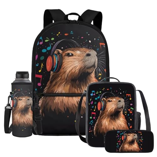 HUIACONG Capybara Backpack with Lunchbox Girls Bookbag for School Kids Boys School Bag Lunch Box Pencil Case 1St Grade Scoolbag Sets Water Bottle Holder