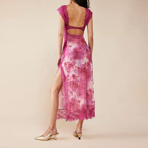 Image of Women Sexy Lace Patchwork Mesh Dress Floral Print Cutout Sweetheart Neck Backless Slit Summer Maxi Dress