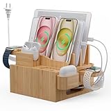 Pezin & Hulin Multiple USB Charging Station, Wooden Bamboo Dock Station for Cell Phones, Tablets, Earpods and Smart Watch, Including Power Charger HUB, 5 Cables -Natural Bamboo