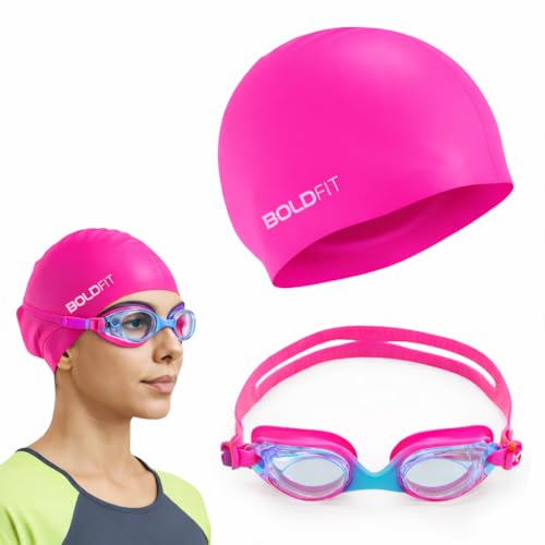 Image of Boldfit Swimming Cap & Goggles Set for Men & Women - Silicone Cap & Anti-Fog Goggles - Roseo Blue - Swimming Safety Set