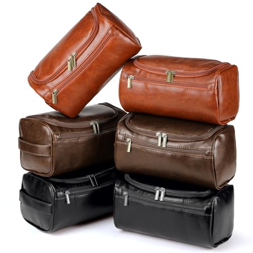Aliceset 6 Pcs Groomsmen Gift Toiletry Bag Leather Toiletry Bag for Men with Hook Leather Wedding Gift Bag Groomsmen Proposal Bag with Side Handle Father Gift(Dark Brown, Black, Brown)