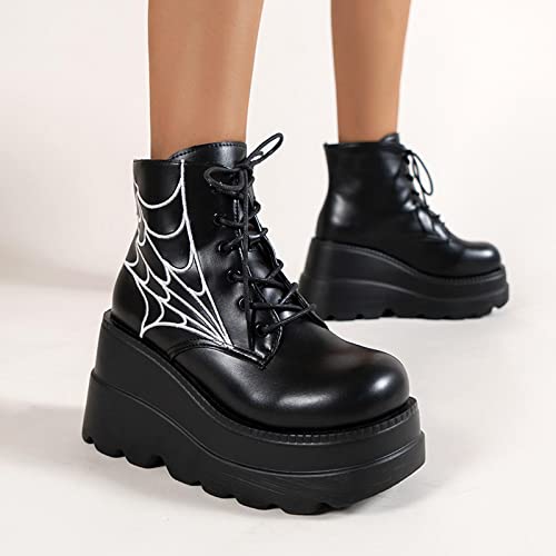 oiangi Wedge Boots for Women Platform Fashion Round Toe Lace Up Spider Web Embroidery Chunky Ankle Booties Casual Comfy Non-slip Ladies High Heel Shoes2