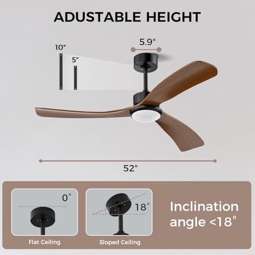 Image of Obabala 52 Inch Ceiling Fan with Light and Remote,Solid Wood Blades, DC Motor Quiet 35dB, Dimmable LED Reversible for Bedroom Living Room Indoor Outdoor, 6 Speed Timer Downrod